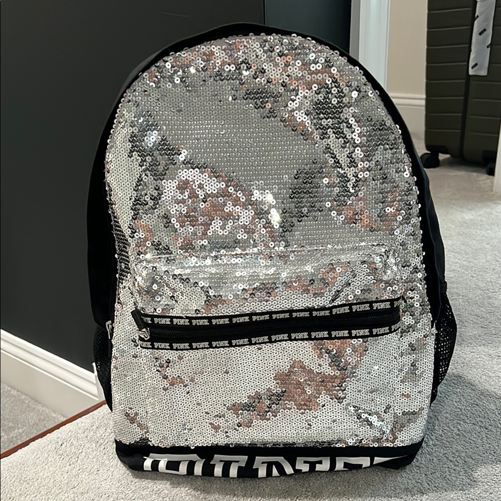 Like New Victoria’s Secret Pink Brand Sequin Silver Backpack